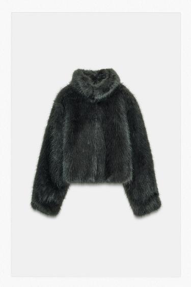 SHORT FAUX FUR COAT WITH TOGGLES - Dark charcoal grey by Zara