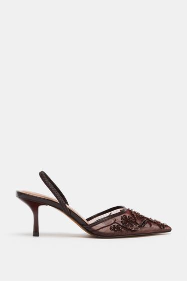MESH RHINESTONE SLINGBACK HEELS - Brown by Zara