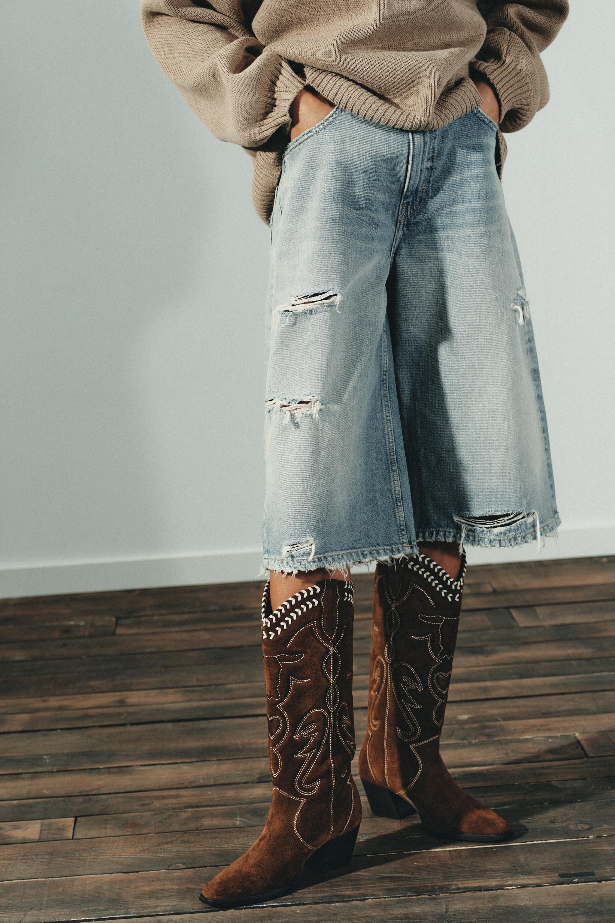 レザー刺繍入りブーツ - ブラウン | ZARA Japan / 日本