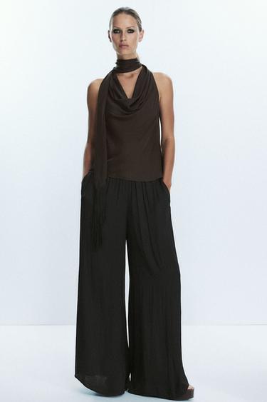 Zara FRINGED SATIN EFFECT TOP - Brown
