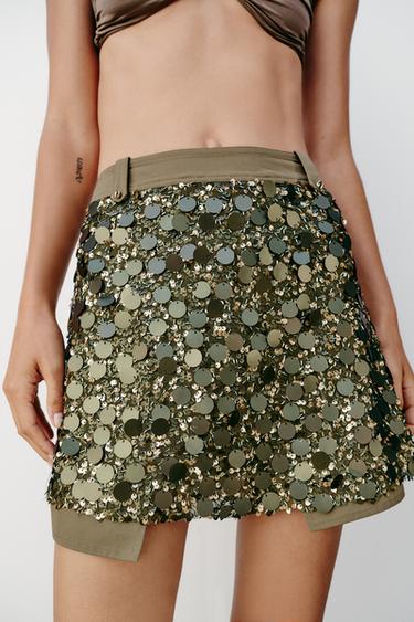Zara COMBINATION SEQUIN MINI SKIRT - Green