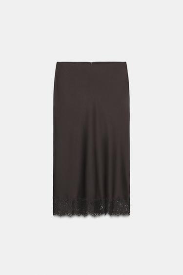 ZW COLLECTION SATIN LACE SKIRT - Dark brown by Zara