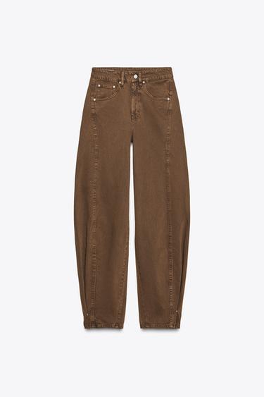 Zara TRF MID-RISE BAGGY BALLOON JEANS - Brown