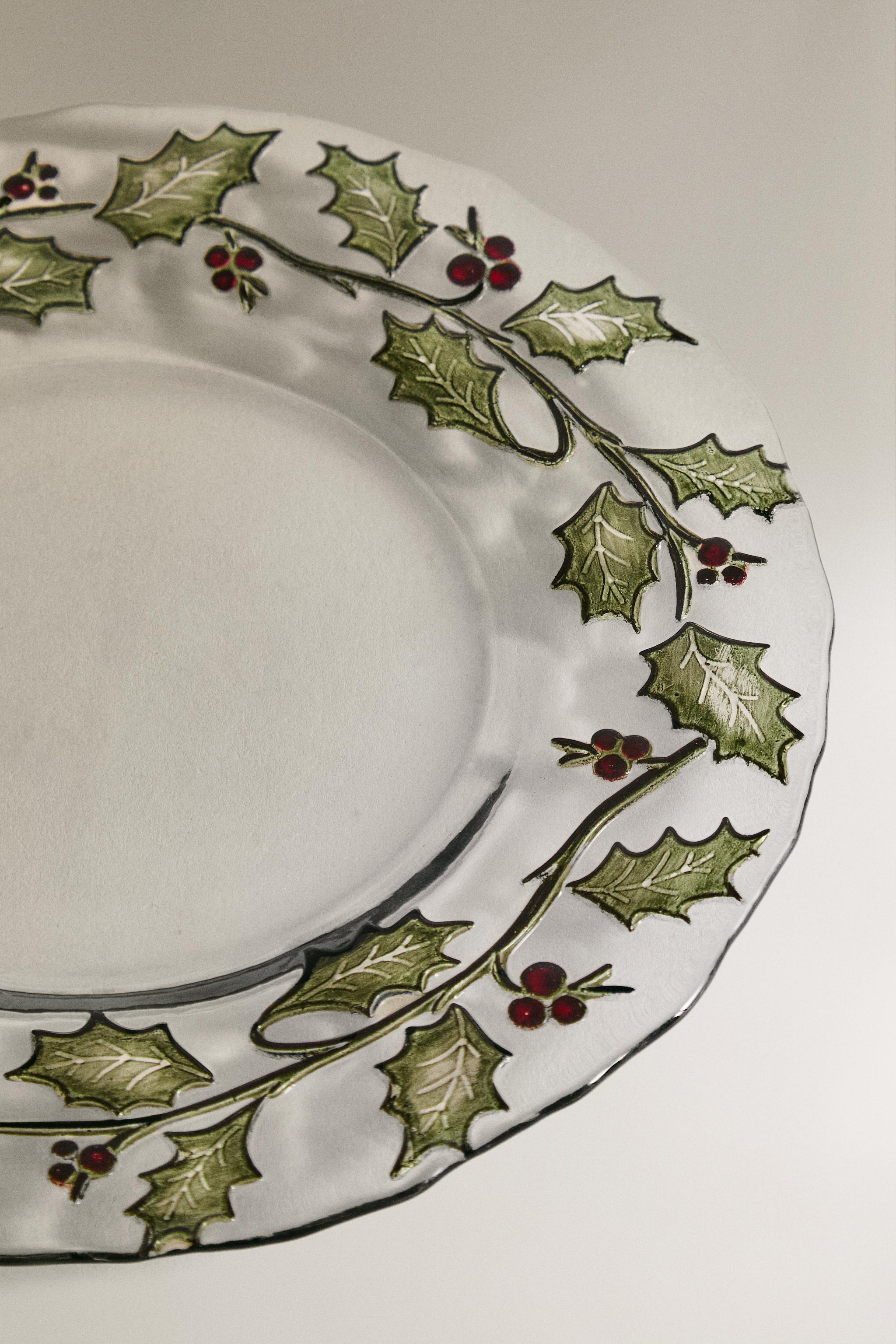 CHRISTMAS GLASS HOLLY LEAF DESSERT PLATE