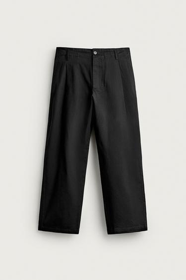 Zara RELAXED-FIT PLEATED CHINO TROUSERS - Black