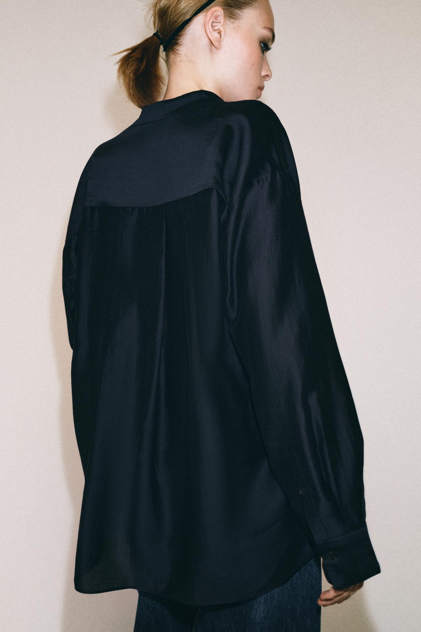 Женская рубашка Zara ZW Collection Mandarin Collar, цвет: Тёмный тёмно-синий — фото 3
