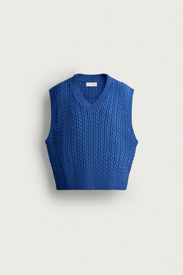 TEXTURED CABLE-KNIT VEST — Blue 1