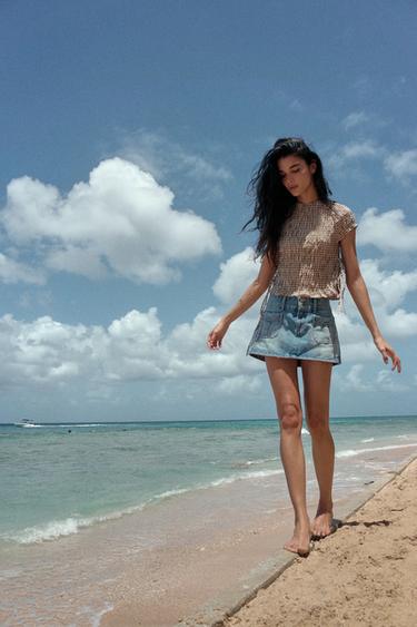 チェック柄ポプリンギャザートップスベージュ­ブラウンZaraのチェック柄ポプリンギャザートップス - ベージュ­ブラウン 