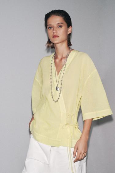 ÁO KIMONO KẺ BUỘC DÂY ZW COLLECTION - màu vàng từ Zara