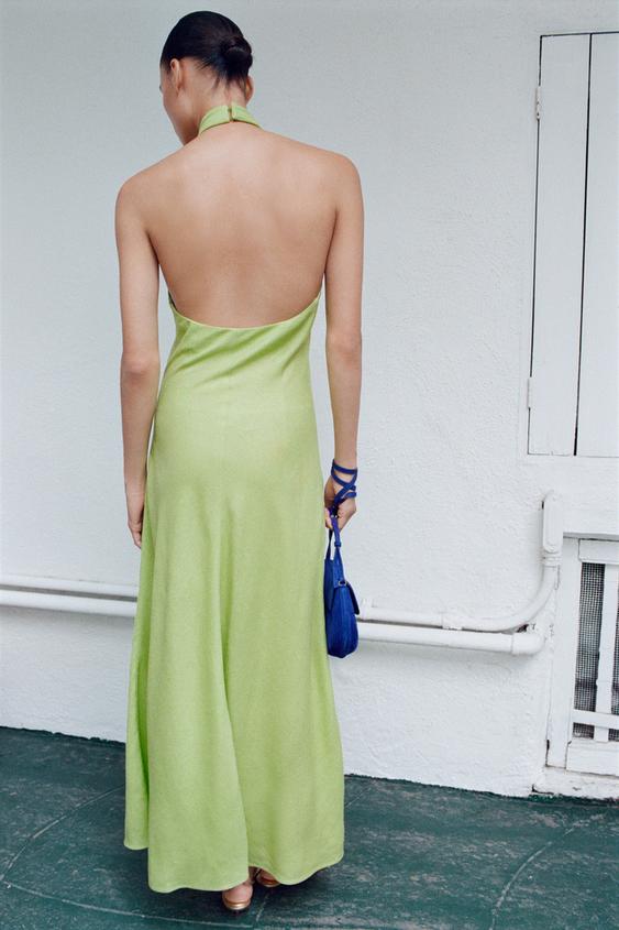 Keten halter yaka midi elbise