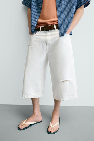 Zara RIPPED RELAXED FIT DENIM JORTS - White