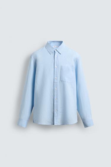 Zara REGULAR FIT LINEN-COTTON SHIRT - Sky blue