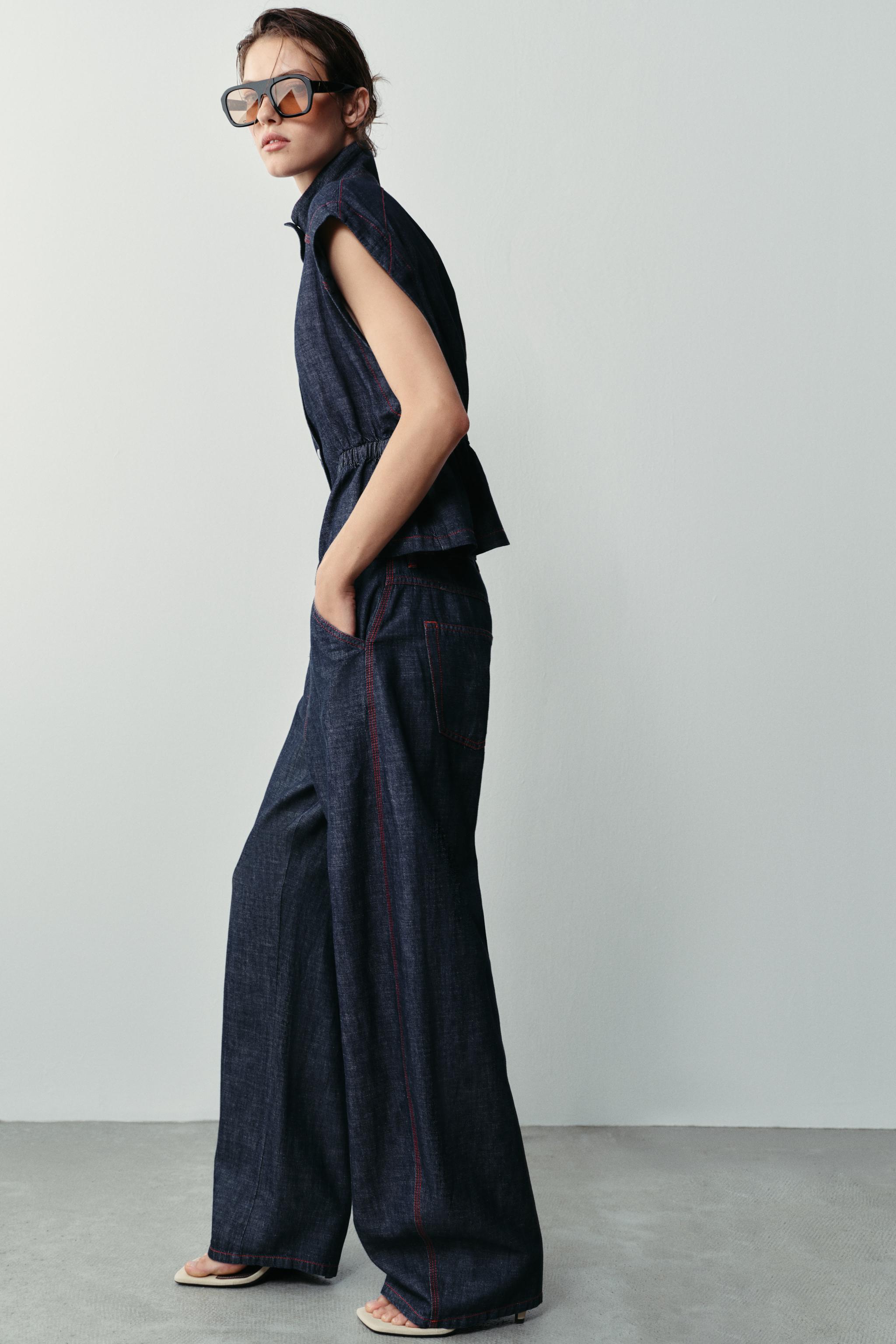 LINEN BARREL PANTS WITH CONTRAST TOPSTITCHING