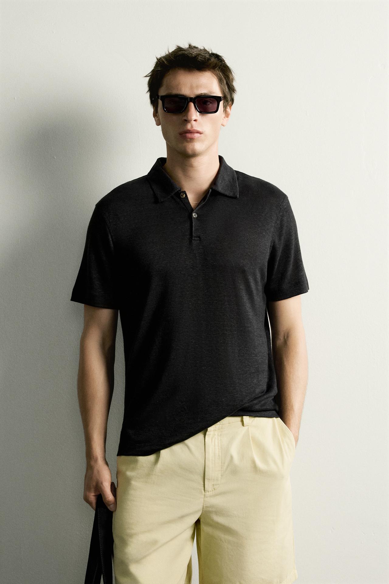 HEMP-VISCOSE REGULAR FIT POLO SHIRT — Black