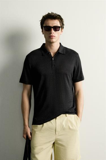 REGULAR FIT HEMP/VISCOSE POLO SHIRT - Black by Zara