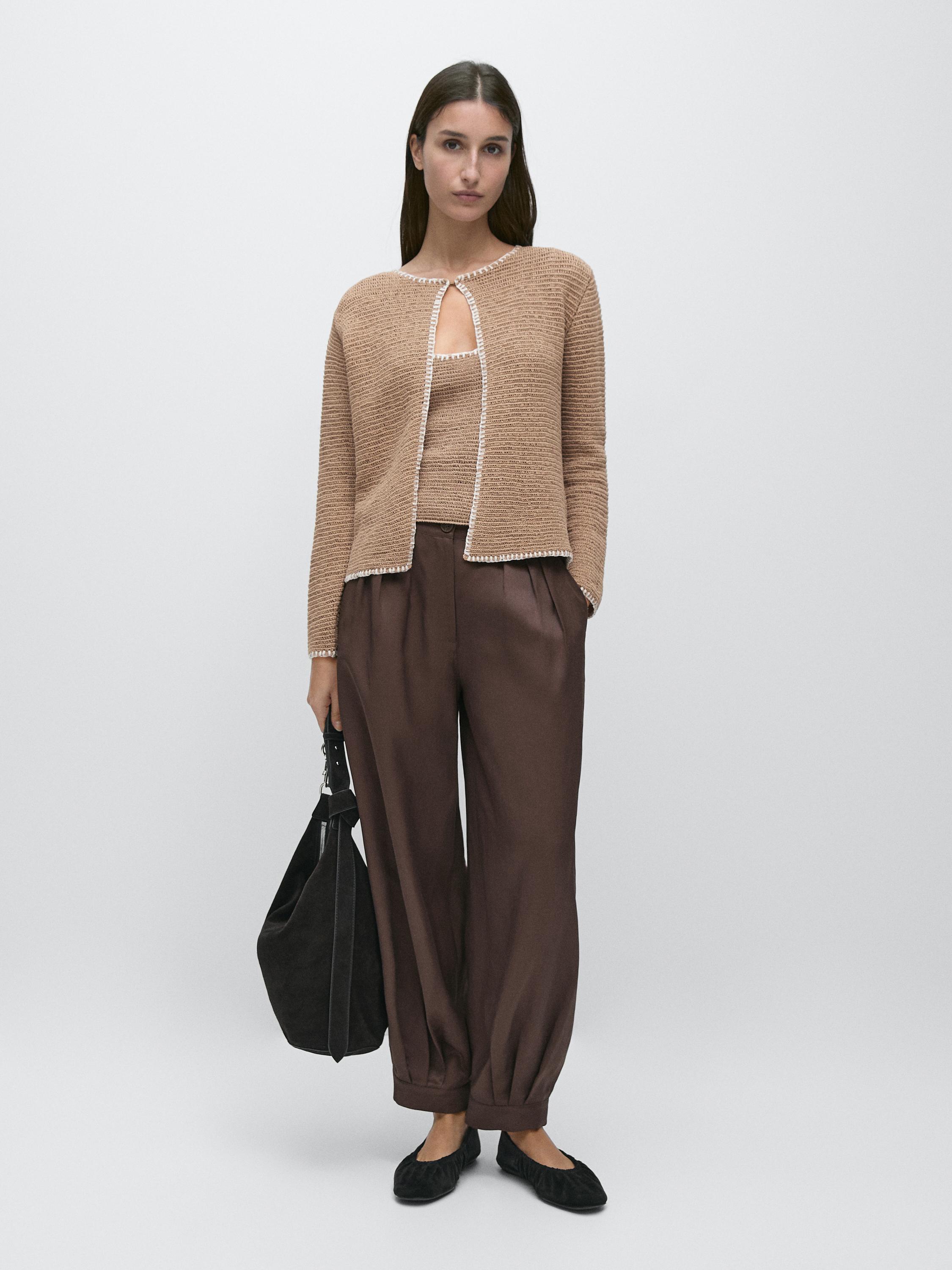 Contrast cotton blend knit cardigan