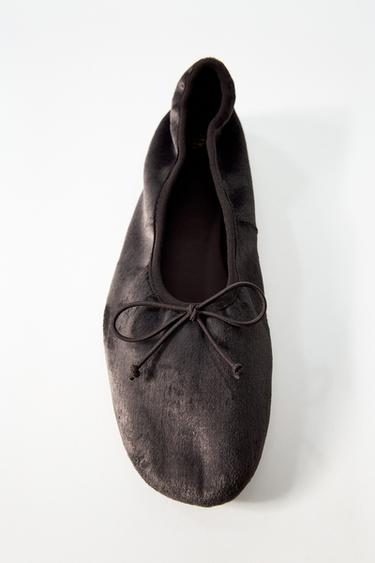 VELVET-EFFECT BALLERINA FLATS WITH BOW - Grey by Zara