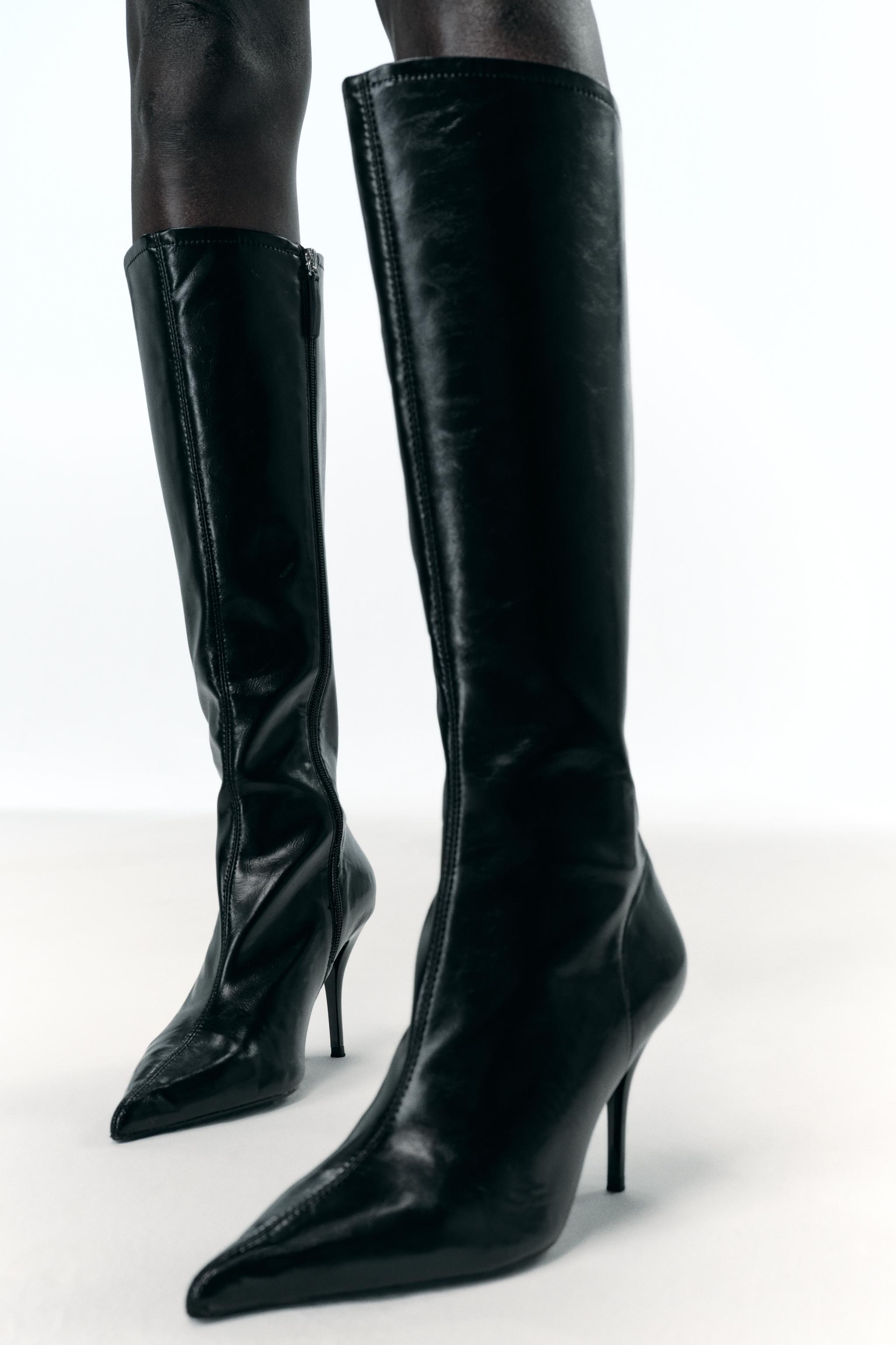 新品 袋付き ZARA 8cm ヒール ブーツ ブラック レザーヒールショートブーツ - ブラック | ZARA Japan / 日本