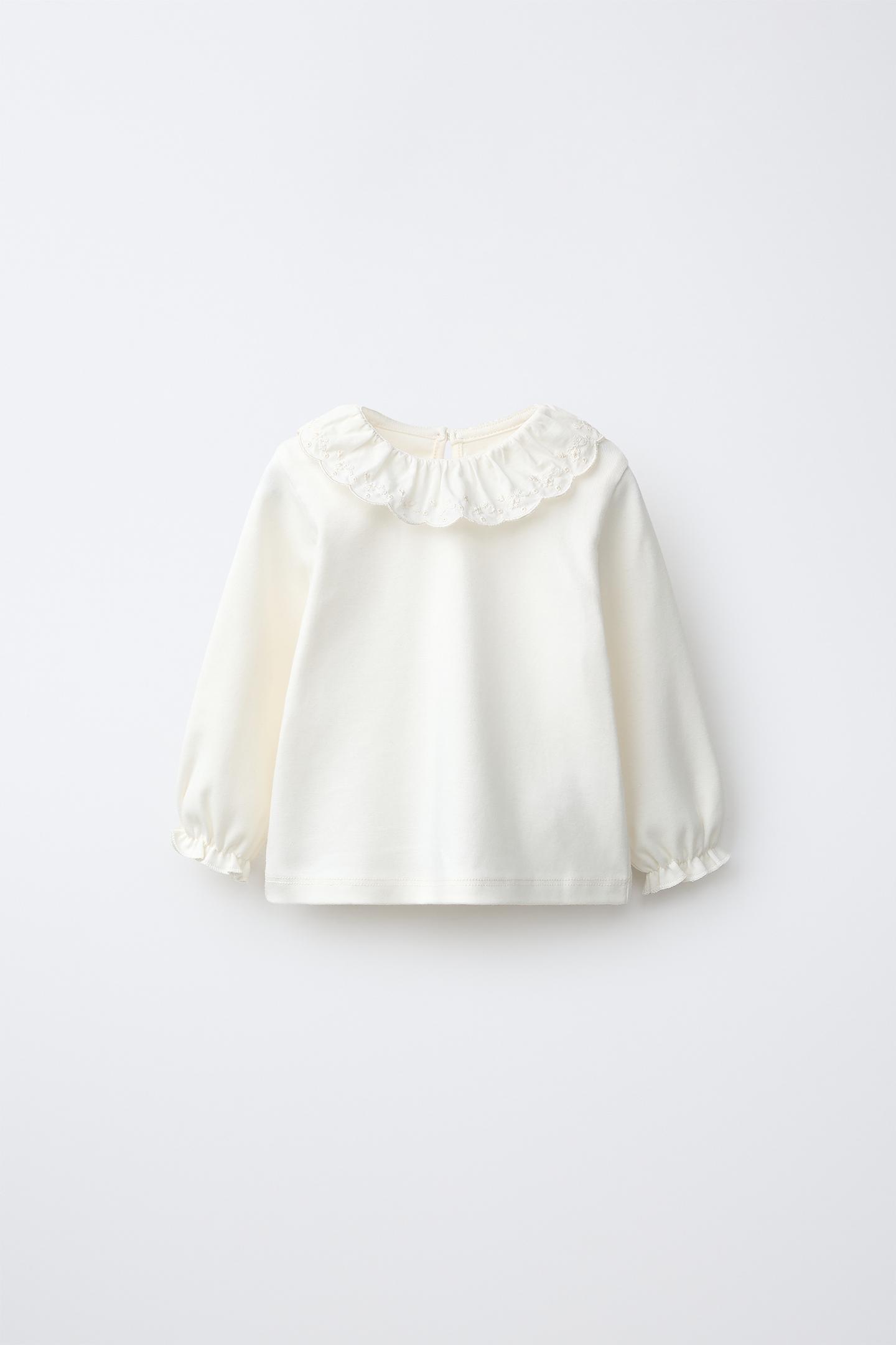 Детская футболка Zara Embroidered Collar, цвет: Экрю — фото 1