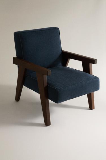 WALNUT WOOD AND LINEN ARMCHAIR - Petrol blue by Zara - Image 0