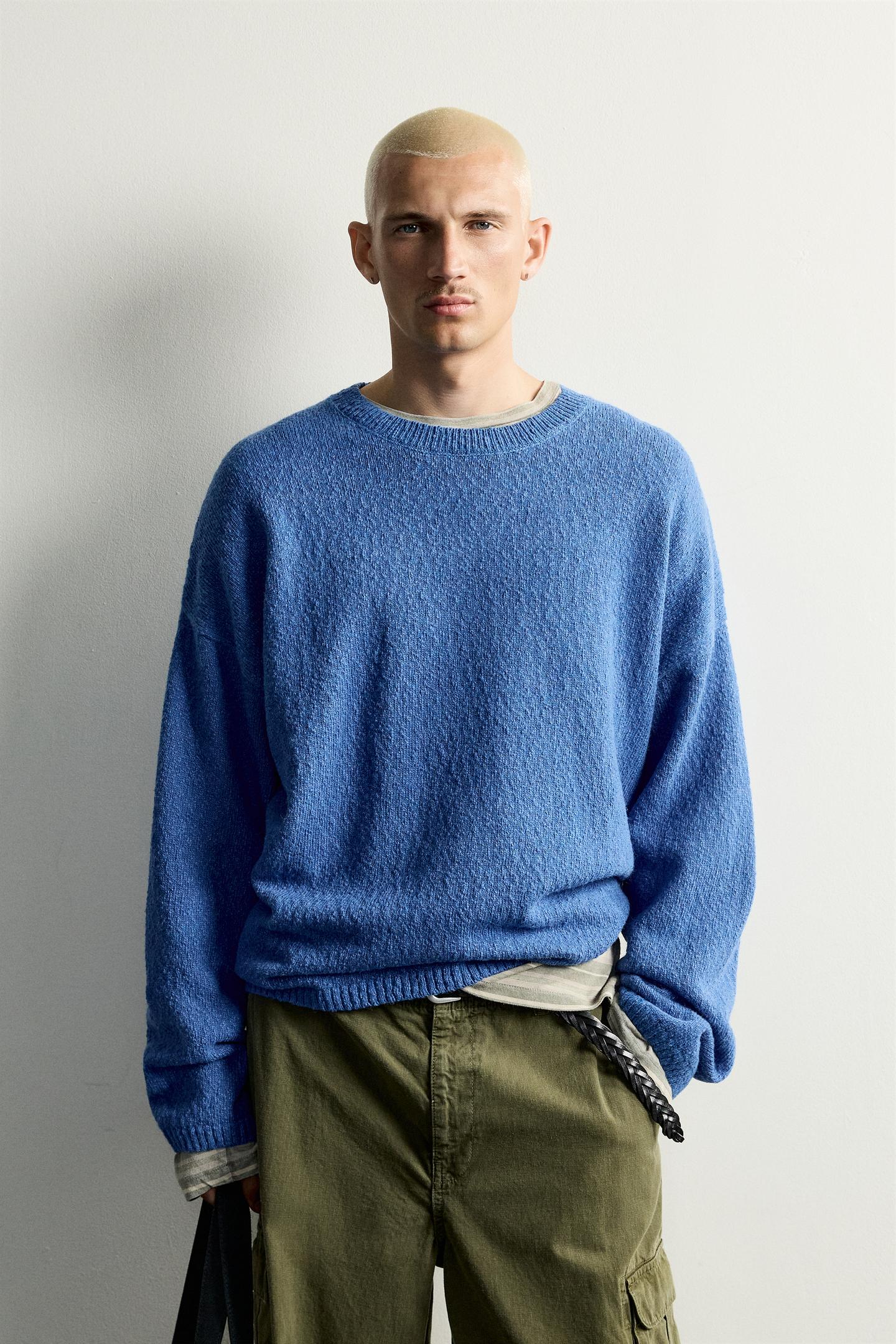 Мужской свитер Zara Relaxed Fit BouclÉ Structure, цвет: Синий — фото 2