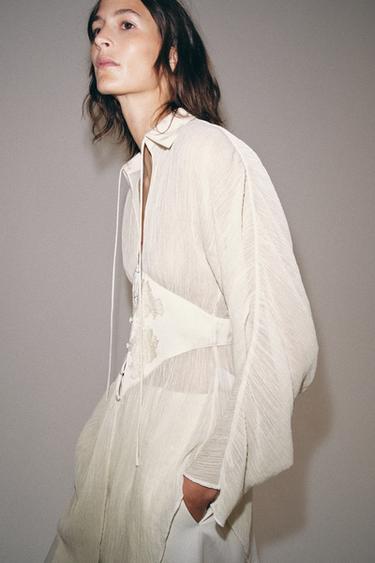 Zara ZW COLLECTION 喬其紗蕾絲罩衫 - 裸色
