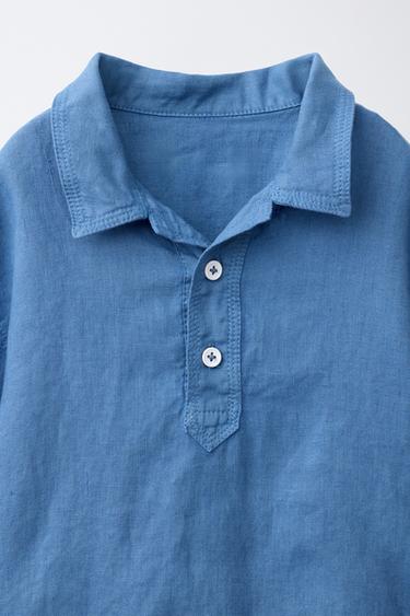 100% LINEN POLO SHIRT - Ecru / Blue by Zara - Image 2