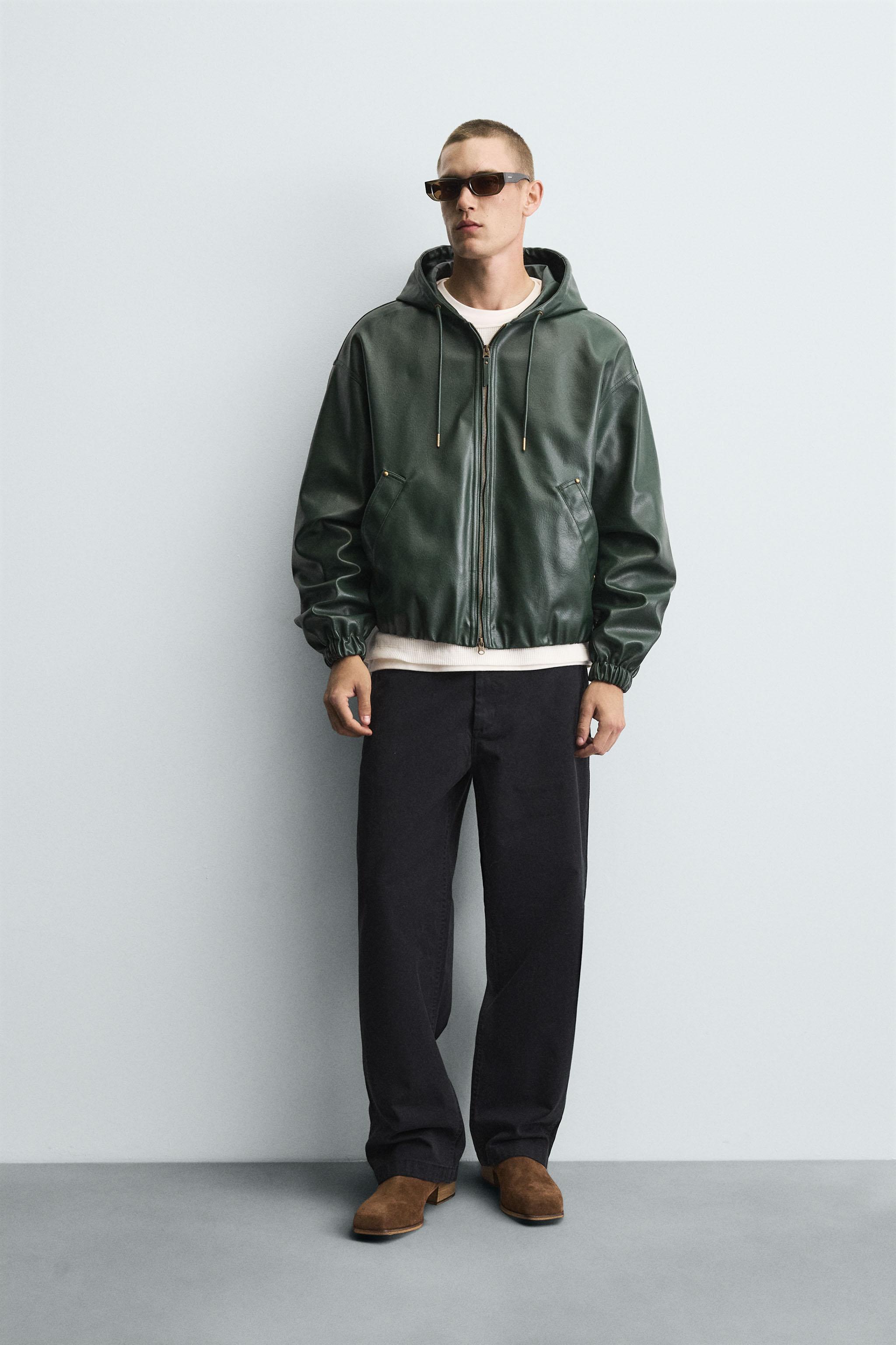 HOODED LEATHER EFFECT JACKET - Green | ZARA South Africa