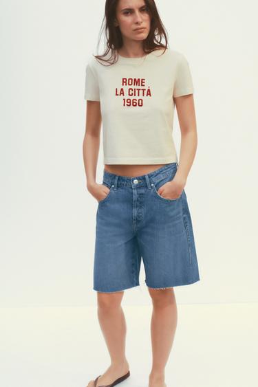 Zara COTTON TEXT T-SHIRT - Mid-ecru