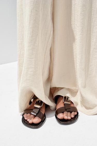 Zara 搭扣雙絆帶平底涼鞋 - 棕色