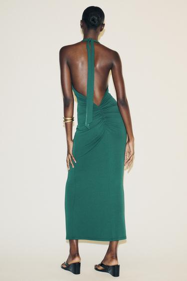 GATHERED HALTERNECK MAXI DRESS - Duck green by Zara - Image 4