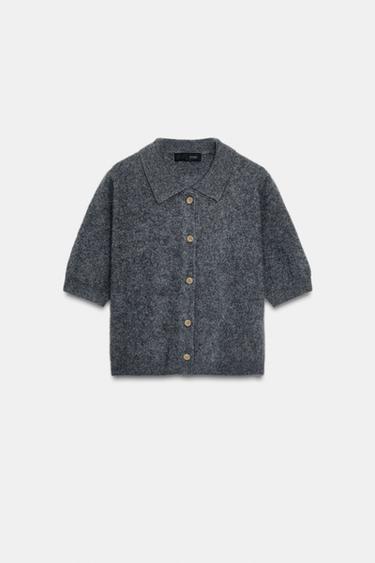 100% WOOL SHORT SLEEVE POLO CARDIGAN - Grey by Zara