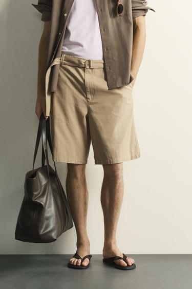 برمودا RELAXED FIT بحزام - بيج داكن by Zara