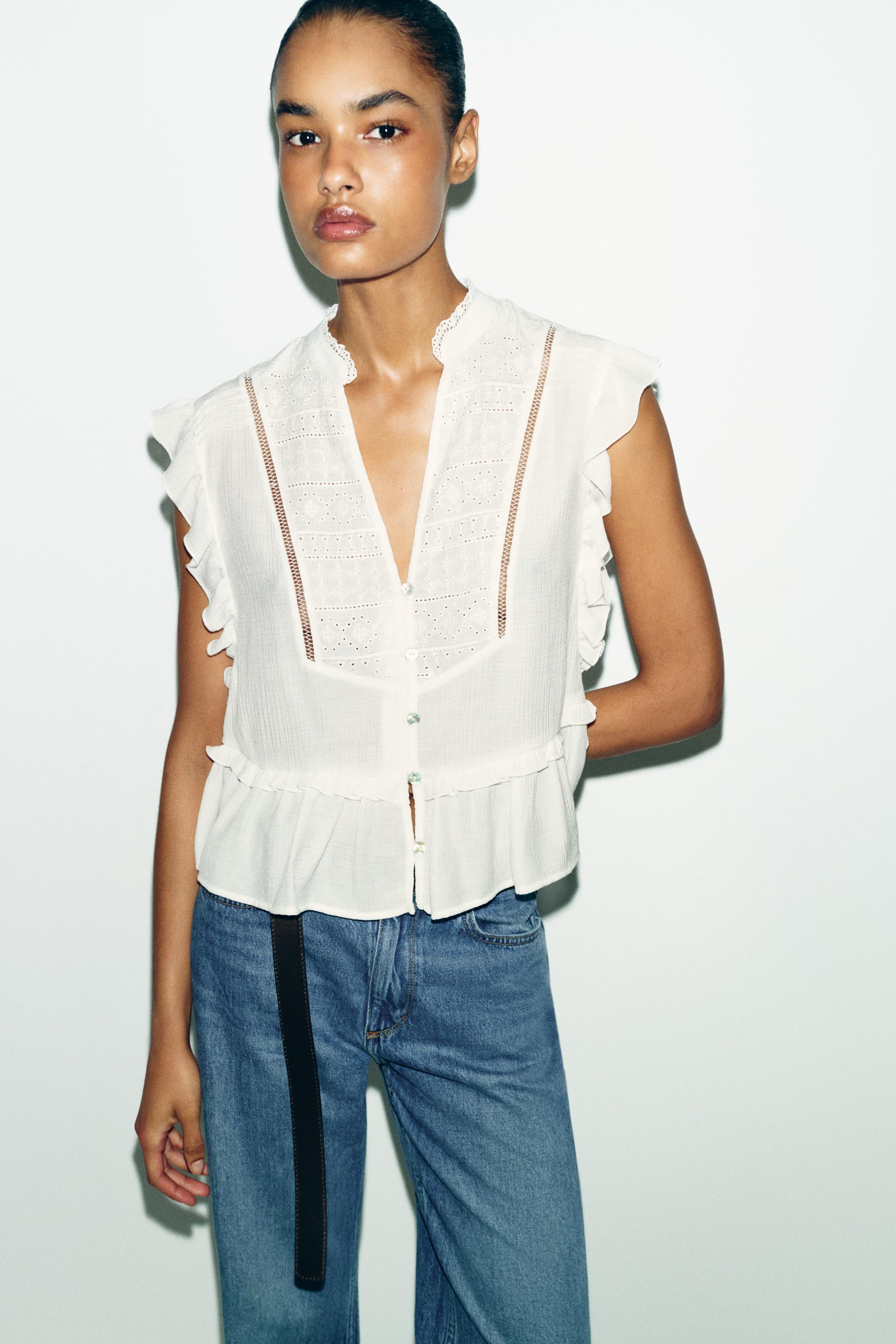 Женские рубашки Zara EMBROIDERED RUFFLE TOP