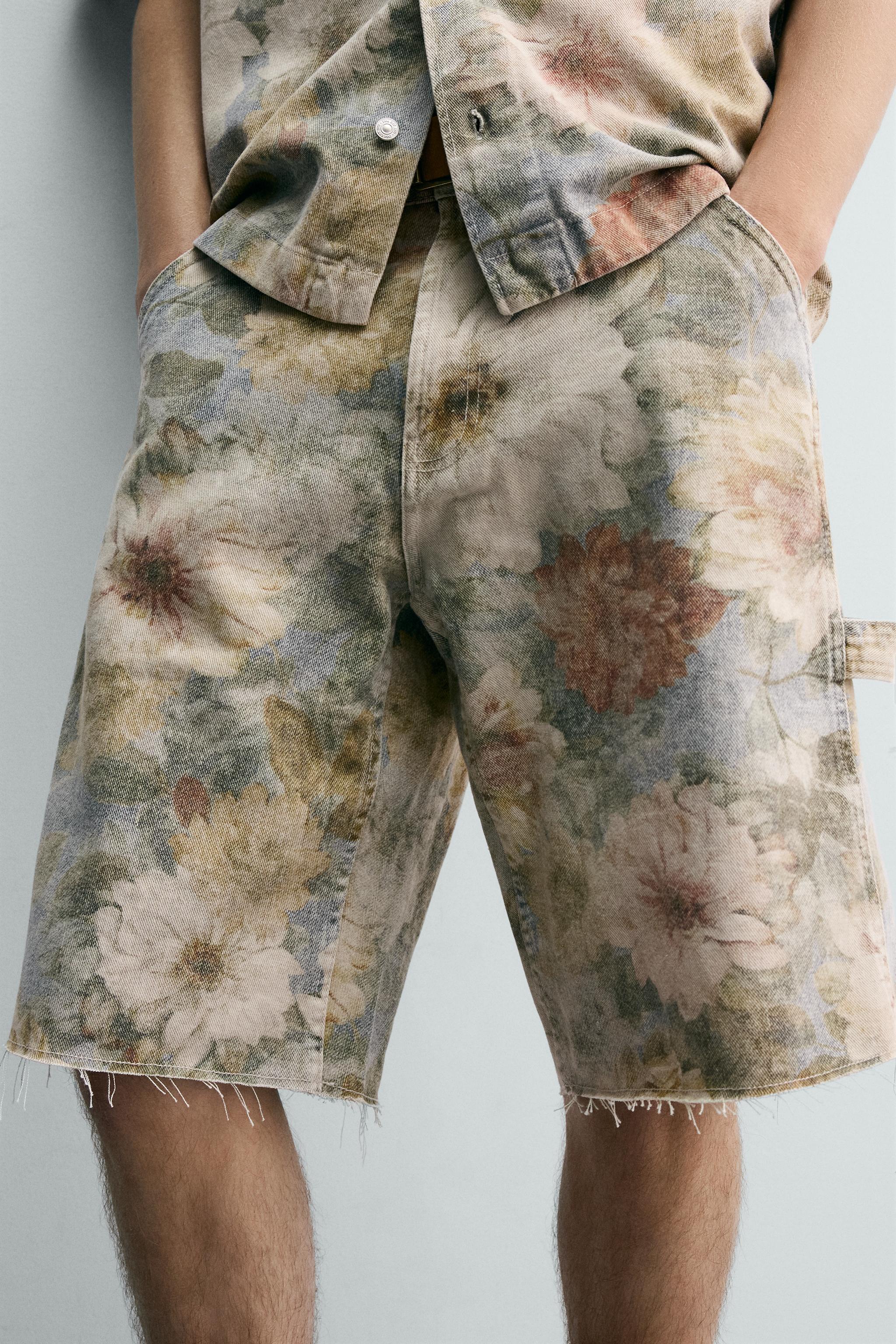 WASHED FLORAL PRINT RELAXED FIT SHORTS