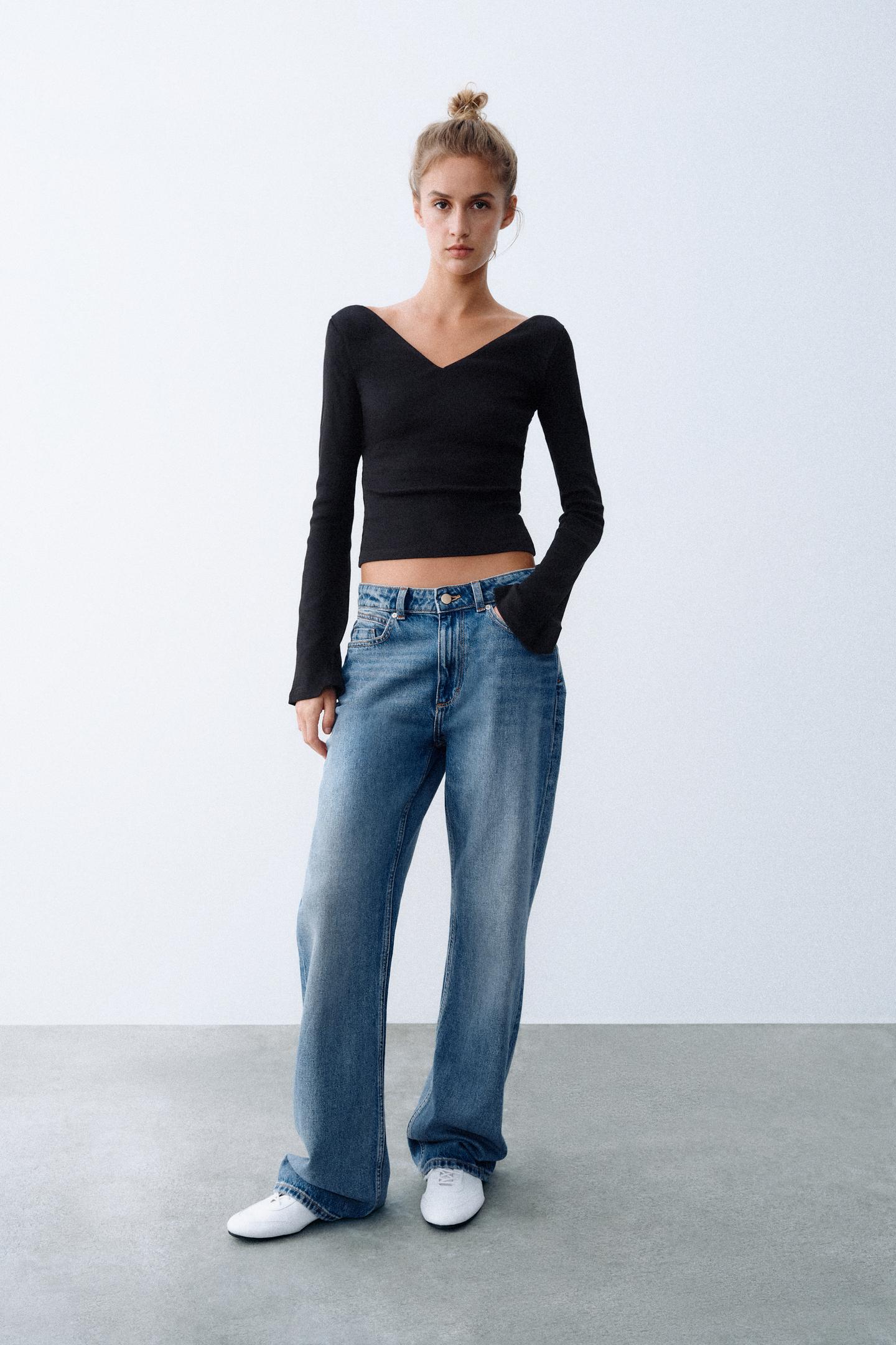 Футболка Zara Ribbed V-NECK, цвет: Чёрный