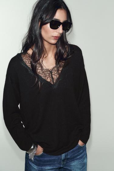 ДЖЕМПЕР С КРУЖЕВНОЙ ОТДЕЛКОЙ — ЧЕРНЫЙ от Zara