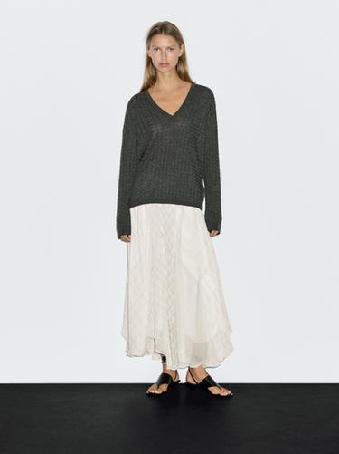 Zara Asymmetric check midi skirt - White - Image 0