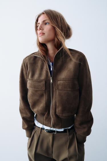 FAUX SUEDE BOMBER JACKET — Brown 1
