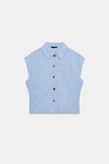 CHEMISE SANS MANCHES AVEC LIN - Bleu de Zara - Image 4