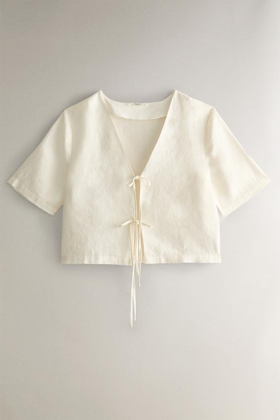 LINEN SHIRT WITH BOW - Ecru | ZARA United Kingdom