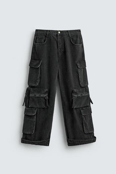 DENIM CARGO TROUSERS WITH POCKETS - Black by Zara
