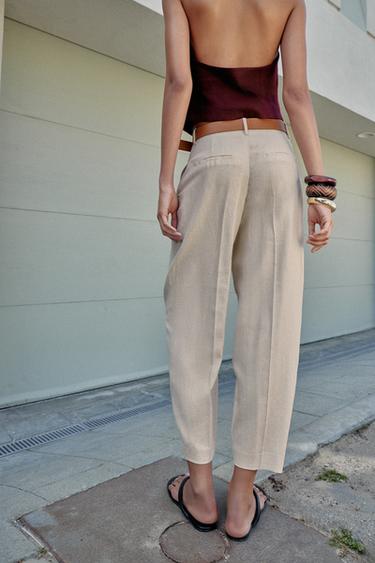 PANTALON AVEC LIN, PINCES ET CEINTURE - Beige clair de Zara - Image 5