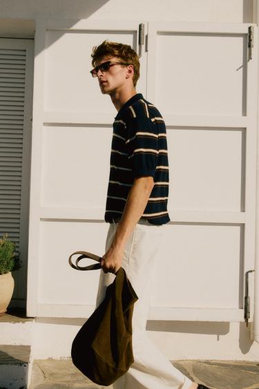 Striped V-neck knit polo shirt — Navy blue 1