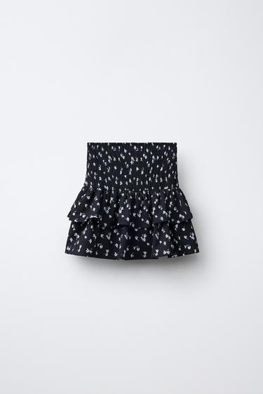 Zara RUFFLED FLORAL SKIRT - Blue