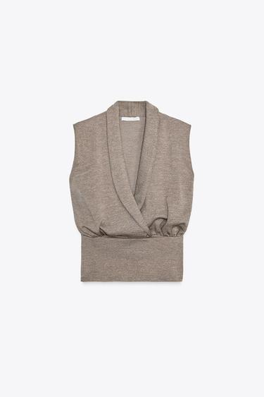 Zara SURPLICE PIQUÉ TOP - Light brown