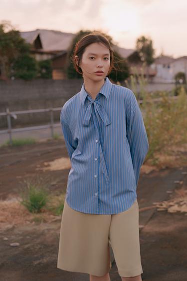 OVERSIZE STRIPED SHIRT WITH TIE - striped by Zara