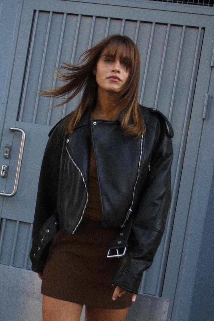 フェイクレザー クロップド ライダースジャケット - ブラック | ZARA 
