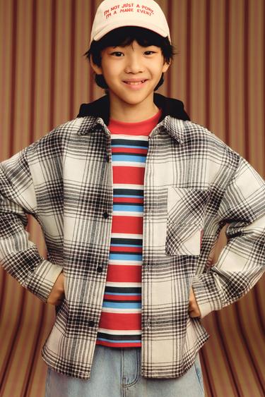 탈부착 플러시 후드 체크 오버셔츠 - Zara 크림