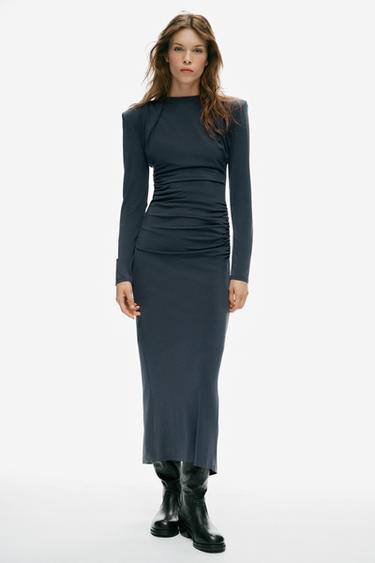 SHOULDER PAD DRAPED MIDI DRESS - Grey by Zara